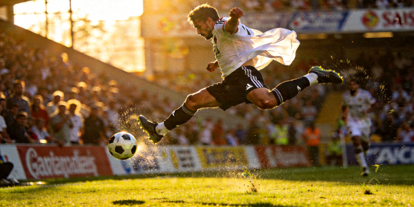 足球比赛精彩瞬间，球员凌空抽射